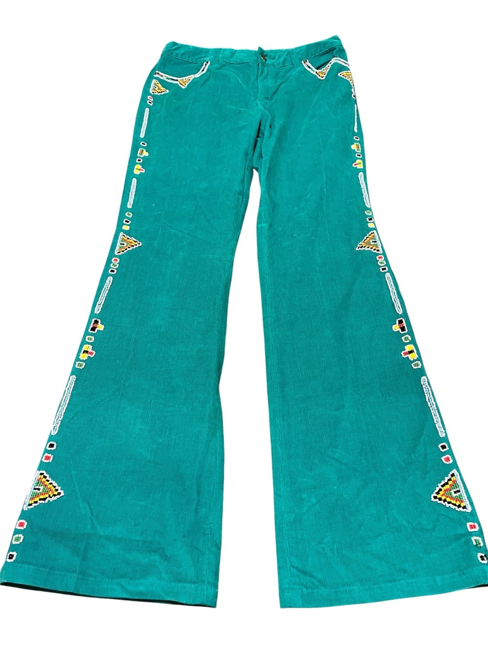 Boston Proper Teal Green Southwestern Beaded Corduroy Pants Size 8
